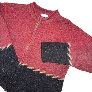 Vintage 90's Alps Wool Blend Zip Up Cardigan Sweater  Red Black‎ Women's XL Flaw